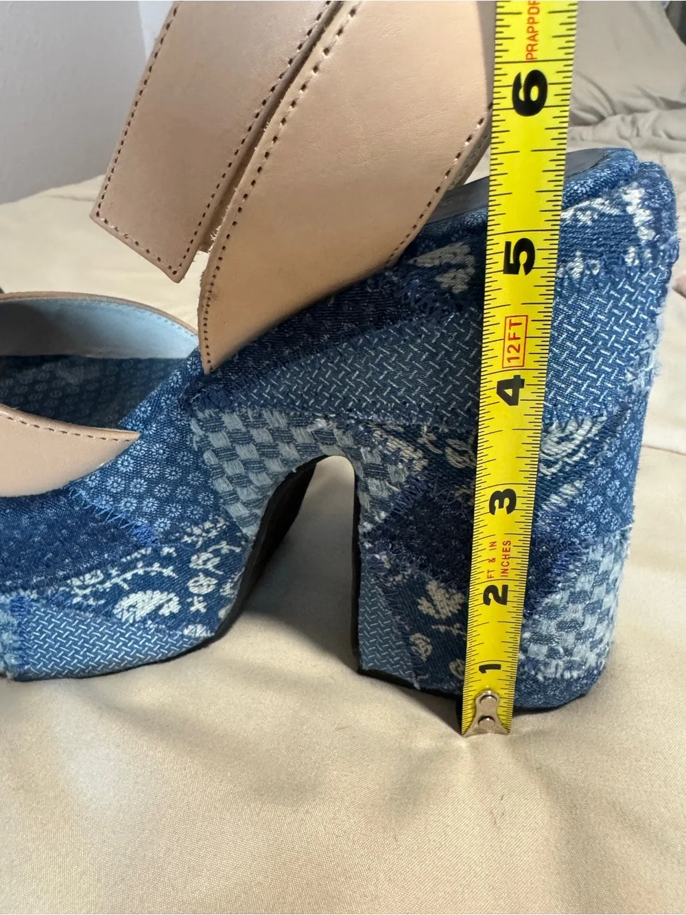 Jeffrey Campbell Myla Patchwork Denim Platform Heels Leather Size 6